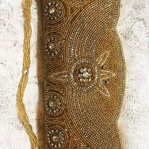 Handmade Gold Beaded Evening Clutch Art Deco Style Rhinestone Handle 11x25